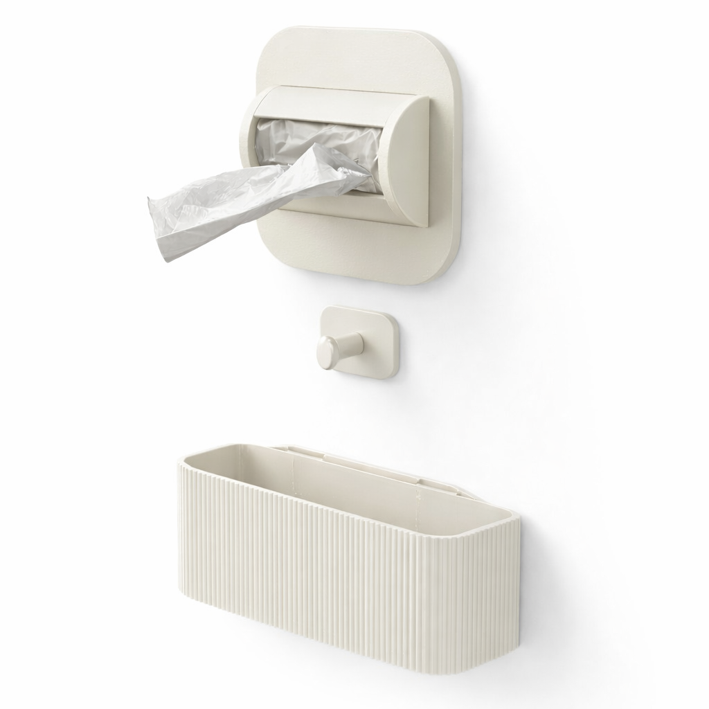 Beige wall-mounted tissue holder with a rectangular container on a white background
